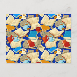Boeken en katten op blauw briefkaart