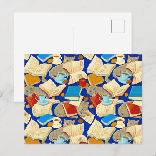 Boeken en katten op blauw briefkaart (Voorkant / Achterkant)