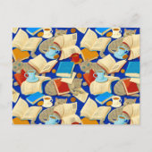 Boeken en katten op blauw briefkaart (Voorkant)