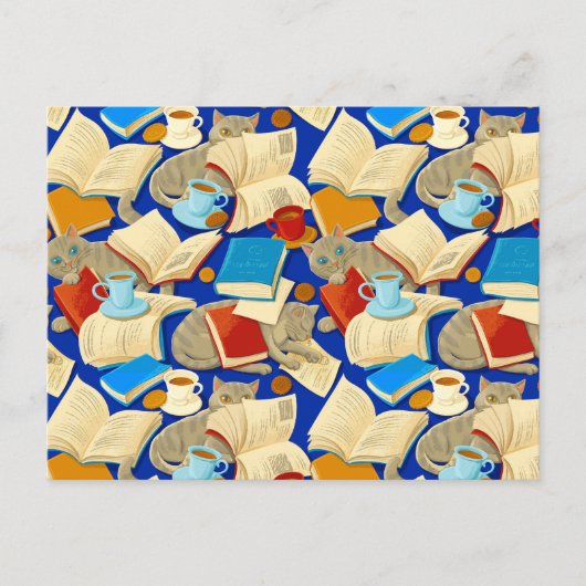 Boeken en katten op blauw briefkaart (Voorkant)