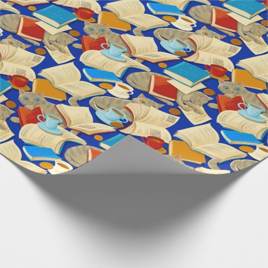 Boeken en katten op blauw cadeaupapier (Hoek)