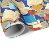 Boeken en katten op blauw cadeaupapier (Rol Hoek)
