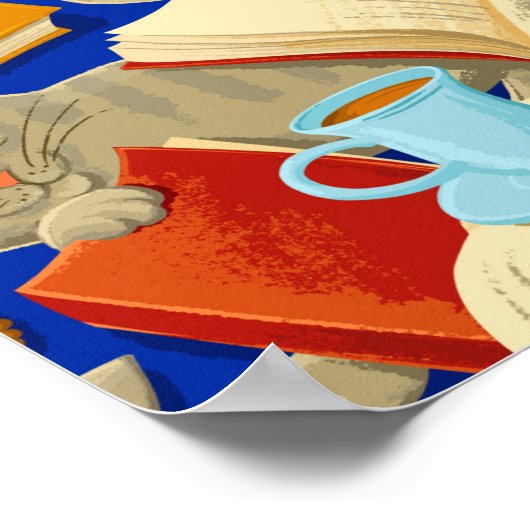 Boeken en katten op blauw poster (Hoek)