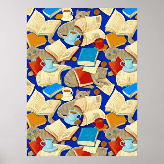Boeken en katten op blauw poster (Voorkant)