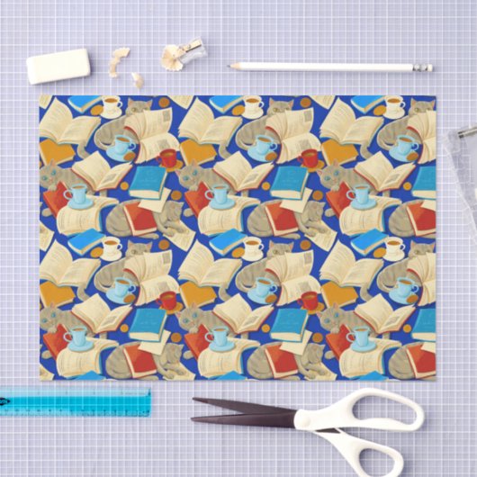 Boeken en katten op blauw tissuepapier (Craft)