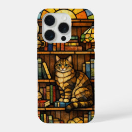 Boeken- en kattenliefhebbers namaak glas in lood iPhone 15 pro case
