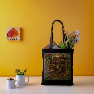 Boeken- en kattenliefhebbers namaak glas-in-lood tote bag
