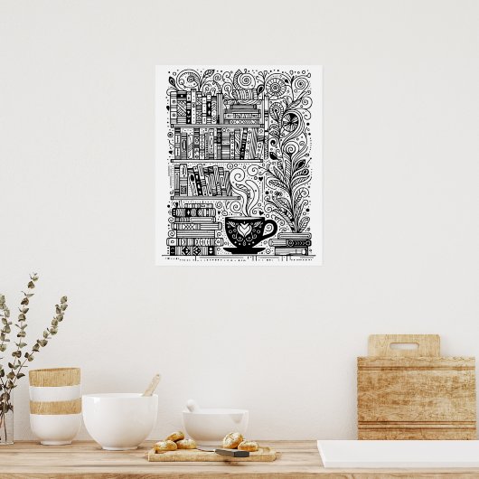 Boeken en koffie kleur me doedel 2 poster (Keuken)