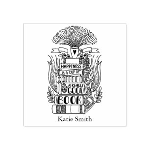 Boeken en koffie met persoonlijke titel rubberstempel