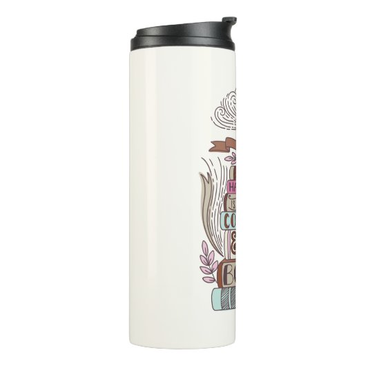 Boeken en koffie met persoonlijke titel thermosbeker (Gedraaid links)