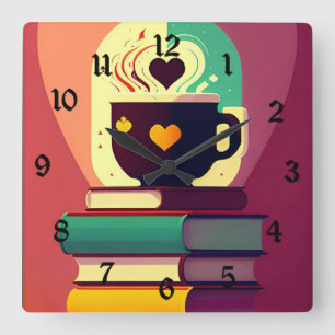 Boeken en koffie vierkante klok