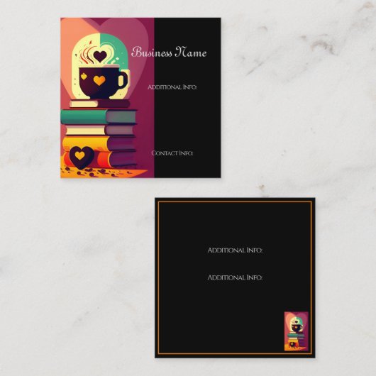 Boeken en koffie vierkante visitekaartje (Voorkant / Achterkant)
