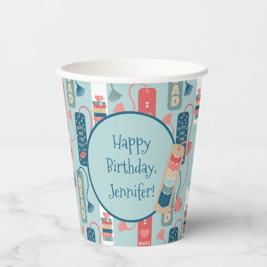 Boeken en Lezen Bladwijzer Geïllustreerd Verjaarda Papieren Bekers (Voorkant)