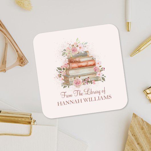 Boeken en  Roze Rozen Bookplate Vierkante Sticker