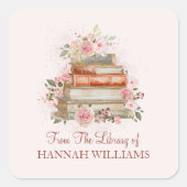 Boeken en  Roze Rozen Bookplate Vierkante Sticker (Voorkant)