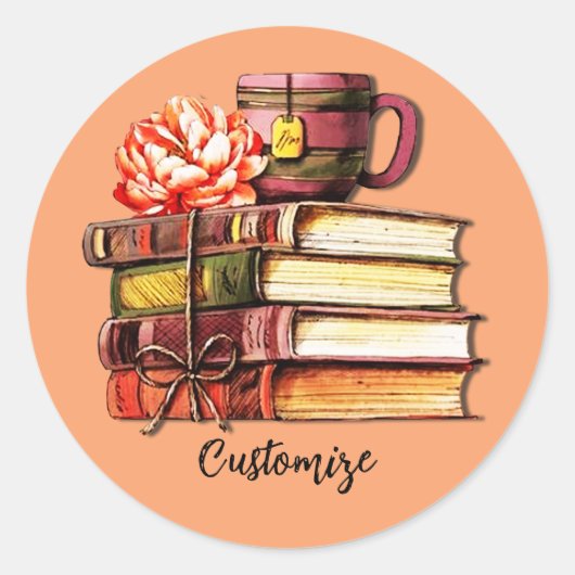 Boeken en theezakje ronde sticker (Voorkant)