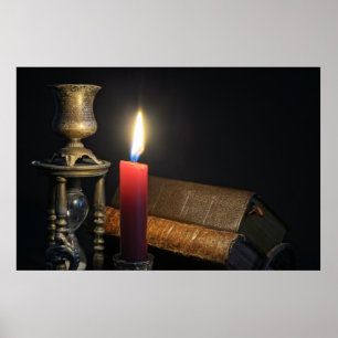  boeken en zandlopers op een donkere achtergrond poster