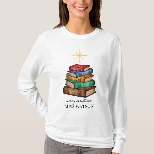 Boeken Kerstboom Leraar Gepersonaliseerd Shirt (Voorkant)