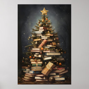 Boeken Kerstboom Print, Winter Rustiek Poster