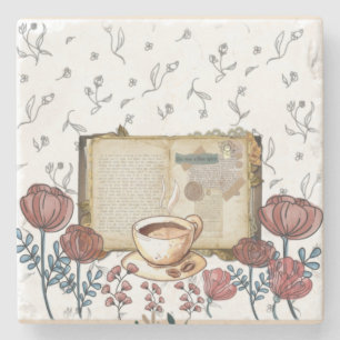 boeken, koffie, bloemen, rozen klassieke kunst. stenen onderzetter