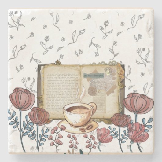 boeken, koffie, bloemen, rozen klassieke kunst. stenen onderzetter (Voorkant)