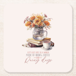 Boeken, koffie en regenachtige dagen kartonnen onderzetters