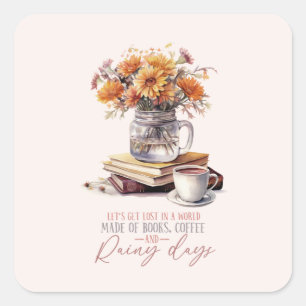 Boeken, koffie en regenachtige dagen vierkante sticker