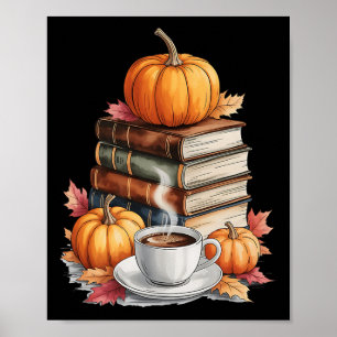 Boeken Koffie Herfst Bladeren En Pompoenen Vintage Poster