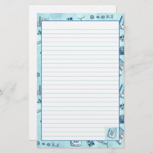 Boeken lezen Pastel Blue Lined Briefpapier (Voorkant / Achterkant)