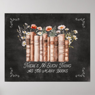 Boeken met bloemen en citaat op zwart schoolbord poster
