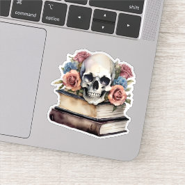 boeken met gotische schedel en bloemen sticker