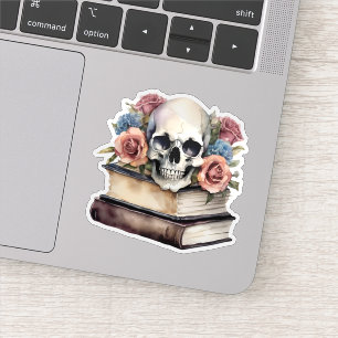 boeken met gotische schedel en bloemen sticker