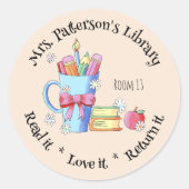 Boeken, Mok, Apple en Daisies Library Stickers (Voorkant)