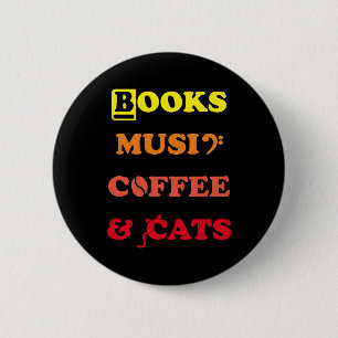 Boeken, Muziek, Koffie en Katten: onze favoriete Ronde Button 5,7 Cm