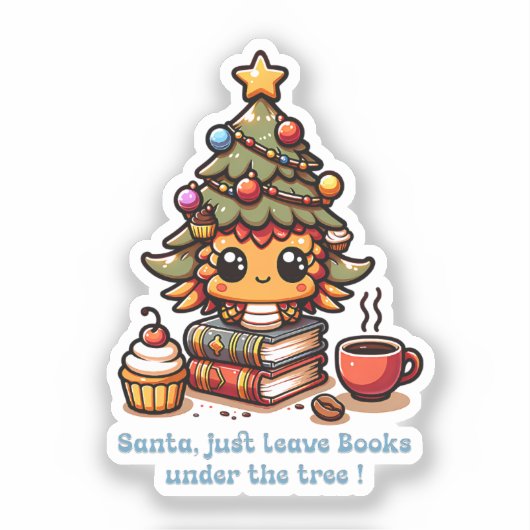Boeken onder kawaii kerstboom - Funny Santa Sticker (Voorkant)
