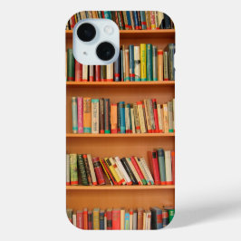 Boeken op boekenplankenachtergrond iPhone 15 case