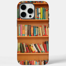 Boeken op boekenplankenachtergrond iPhone 16 pro max hoesje