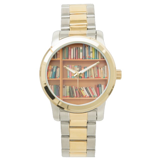 Boeken op boekenplankenachtergrond horloge (Voorkant)