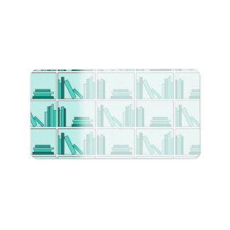 Boeken op Plank. Design in Blauwgroen en Aqua. Etiket
