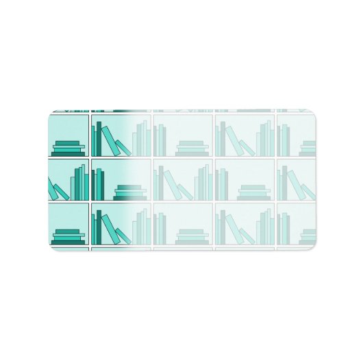 Boeken op Plank. Design in Blauwgroen en Aqua. Etiket (Voorkant)