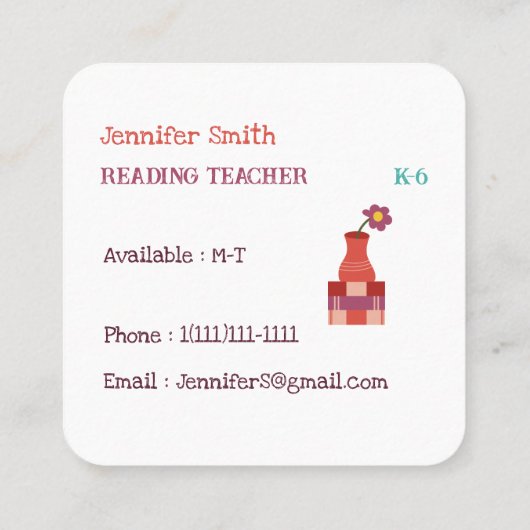 Boeken op Plank Reading Teacher Wit Contact Kaarte Vierkante Visitekaartje (Achterkant)