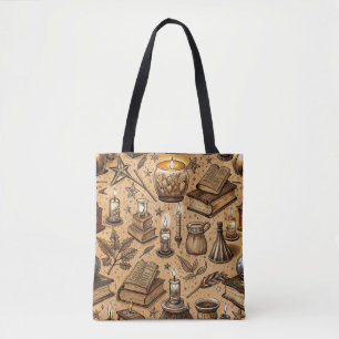 Boeken over hekserij & kaarsenpatroon vintage tote bag