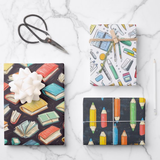 Boeken & potloden Krijt Tekenen School Gift Inpakpapier Vel (Voorkant)