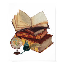  boeken, Quill, Ink en Wereldbol Collage