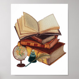  boeken, Quill, Ink en Wereldbol Collage Poster