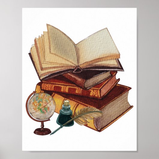  boeken, Quill, Ink en Wereldbol Collage Poster (Voorkant)