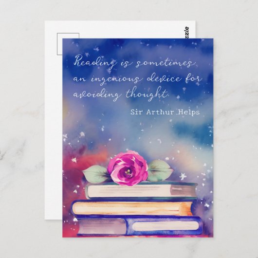 Boeken & Roze Rozen Waterverf Script Leescitaat Briefkaart (Voorkant / Achterkant)