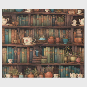Boeken, theepotten en planten op planken cadeaupapier