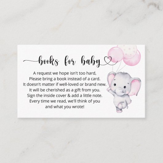 Boeken Verzoek om Baby roze olifant Baby shower Informatiekaartje (Voorkant)