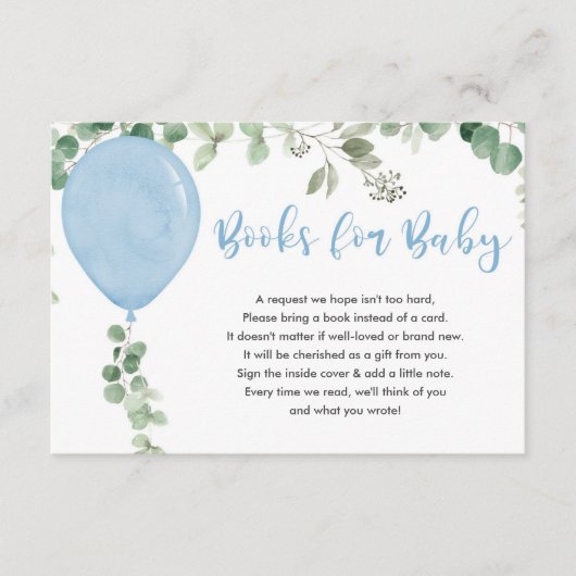 Boeken voor baby boy blauwe ballonnen eucalyptus informatiekaartje (Voorkant)